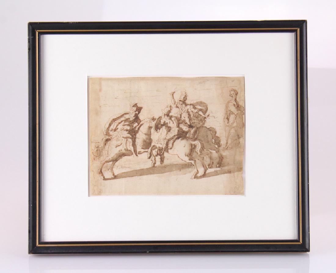 16th C Framed Pen and Brown Ink DRAWING ATTRIBUTED TO: Details: This lot is a framed matted Circa 16th C. pen and ink drawing attributed to Federico Zuccaro. It depicts 3 combatants on horseback, and a 4th figure. standing apart from the fighting, it app