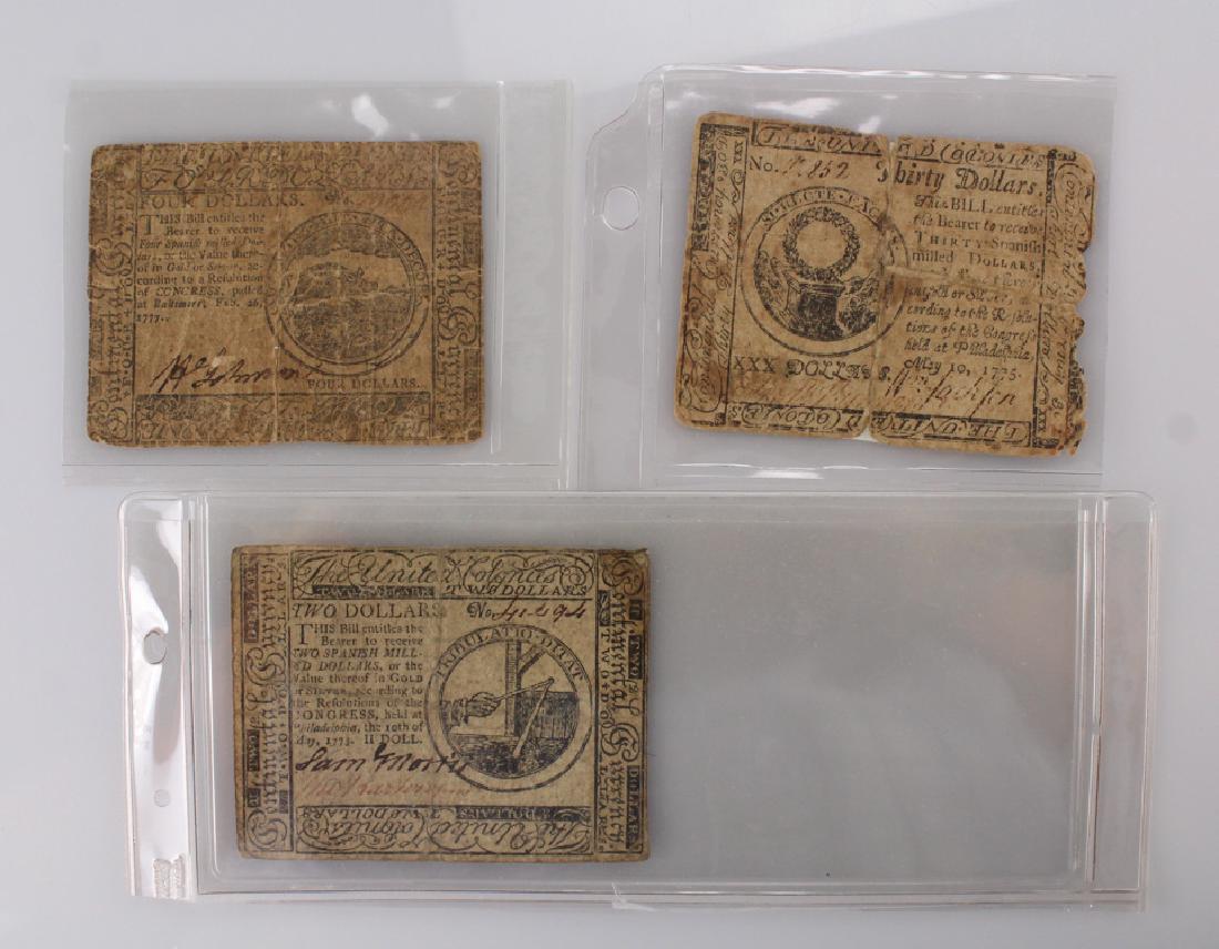 3Pcs American Revolutionary War Era CONTINENTAL: Details: This lot is comprised of 3 pieces of Colonial currency. A 30 dollar bill, a 4 dollar bill and a 2 dollar bill. Condition / Notes: This lot shows nicely with expected signs of age and wear.
