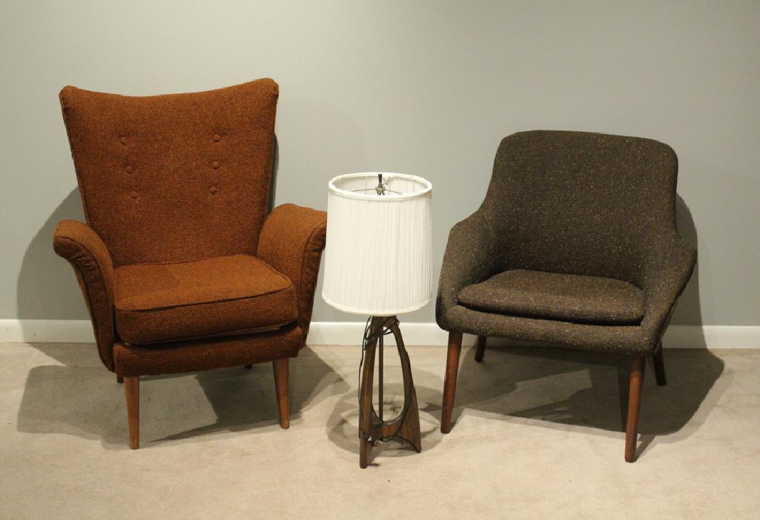 3Pcs Mid-Century Modern WOOL UPHOLSTERED CHAIRS & LAMP: Details: 3Pcs This lot consists of 2 wool upholstered chairs with tapered wood legs and 1 retro futuristic table lamp and includes: -A modern wingback style armchair in sienna and black wool with tap