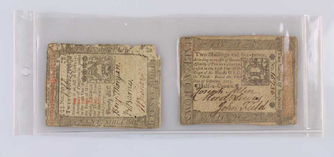 2Pcs 18th C AMERICAN CURRENCY 1773 Money Pennsylvania: Details: This lot comprises 2 pieces of Pennsylvania currency dated 1773; one piece worth 20 shillings and the other piece worth 2 shillings and a six-pence. The largest piece measures 3.5'' x 2.5''. 