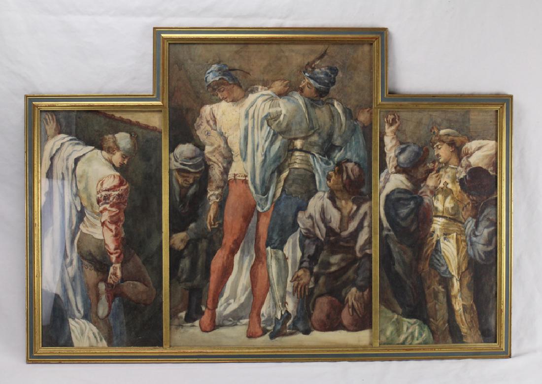 Unique Antique Watercolor Triptych KNIGHT FITTED FOR: Details: This well-accomplished antique watercolor triptych depicting a knight being fitted for armor is encased in a specially built gilt frame measuring approx. 38"x27". Please attend our live sale 