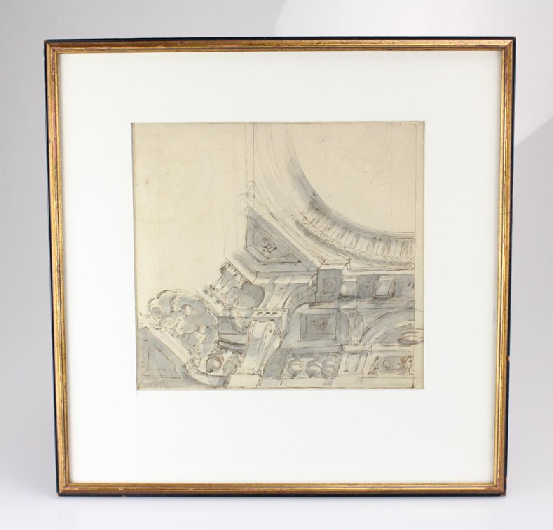17th C Gray Wash and Brown Ink DRAWING STUDY FOR A: Details: Late 17th Century study for Quadratura Ceiling Fresco. Possibly Bolognese, and executed in pen and wash. The matted drawing measures roughly 10" by 10" and is in a roughly 17" by 17" frame.