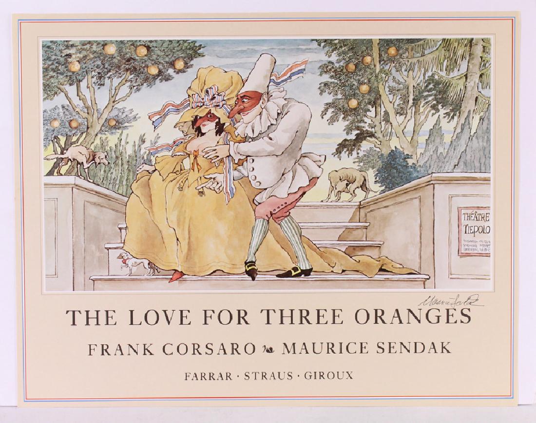 Vintage MAURICE SENDAK POSTER SIGNED THE LOVE FOR THREE: Details: This lot consists of a signed Maurice Sendak Poster for the opera, The Love for Three Oranges. Sendak served as production designer for a 1984 staging of the opera, and his designs were publi