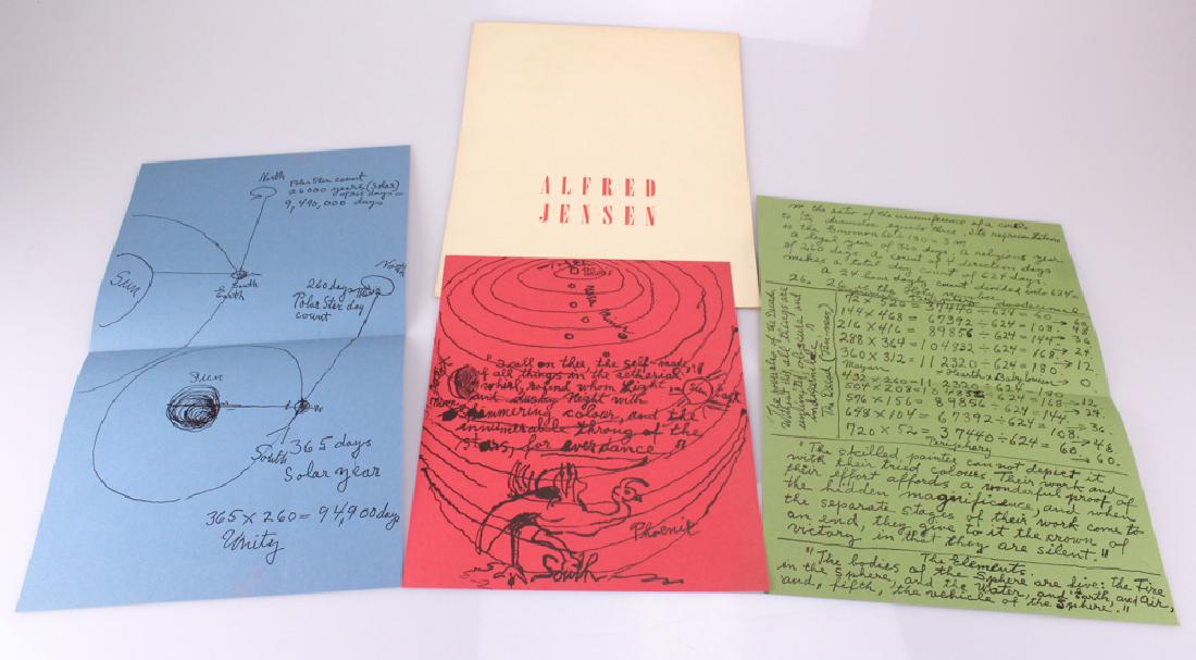 3Pcs Abstract Artist ALFRED JENSEN PRINTS Held in a: Details: This lot consists of a paper portfolio containing 3 prints by Alfred Jensen from the Graham Gallery. These prints are approx. 8.5x11, 10x14, & 9x16. They are blank on the reverse.Alfred Juli