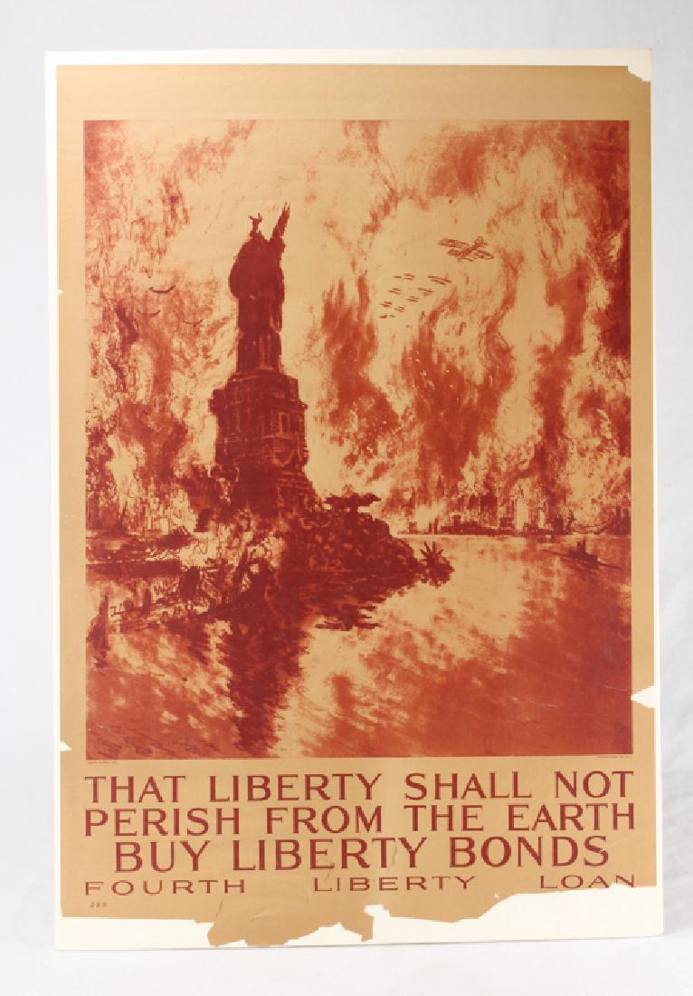 WWI Propaganda Poster THAT LIBERTY SHALL NOT PERISH: Details: This original WWI antique poster by Pennell reads "That Liberty Shall Not Perish From The Earth Buy Liberty Bonds." The poster is produced by Alco-Gravure Inc., 2-B-B. The poster measures ap