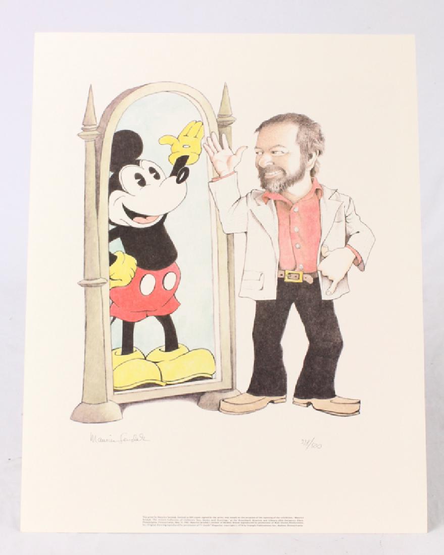 Vintage MAURICE SENDAK MICKEY MOUSE POSTER SIGNED: Details: This lot consists of a signed limited edition poster illustrated and signed by Maurice Sendak and numbered 318/500. It depicts Sendak waving through a mirror to Mickey Mouse. These posters we