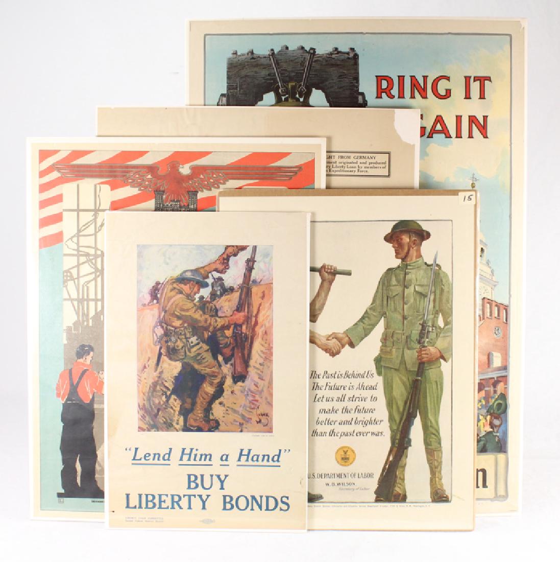 5Pcs War Propaganda WWI POSTERS Americana European Ally: Details: This lot comprises 5 WWI posters. The posters read: "RIng it Again - Buy U.S. Gov't Bonds;" "To the folks back home: We have finished our job. Have you finished yours? Private A.E.F;" "The Pa