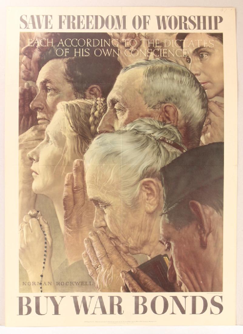 WWII Propaganda Poster SAVE FREEDOM OF WORSHIP Norman: Details: This original Norman Rockwell offset vintage WWII poster reads "Save Freedom of Worship Each According to the Dictates of His Own Conscience Buy War Bonds" and is produced by OWI. The poster 