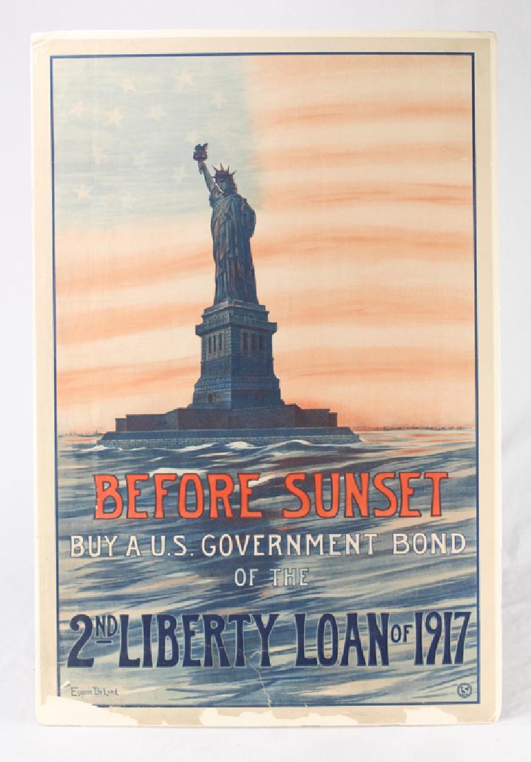 WWI Propaganda Poster BEFORE SUNSET BUY A US GOVERNMENT: Details: This original lithographic antique WWI poster by DeLand reads "Before Sunset Buy a U.S. Government Bond of the 2nd Liberty Loan of 1917." The poster measures approximately 20â€x30â€.Pl