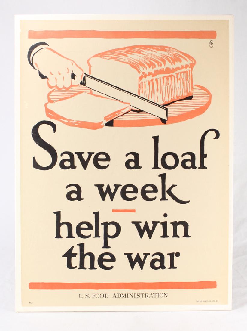 WWI Propaganda Poster SAVE A LOAF A WEEK HELP WIN THE: Details: This original lithographic WWI antique poster by Cooper reads "Save a loaf a week help win the war." The poster is printed by W. F. Powers Co., No. 3. The poster measures approximately 21â�