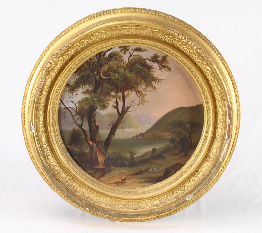 C. 19th C HUDSON RIVER SCHOOL PRIMITIVE PAINTING WITH: Details: This lot consists of an antique primitive Hudson River School oil on canvas painting with a gilt frame. It measures 18" in diameter. Condition / Notes: This lot shows well with moderate signs