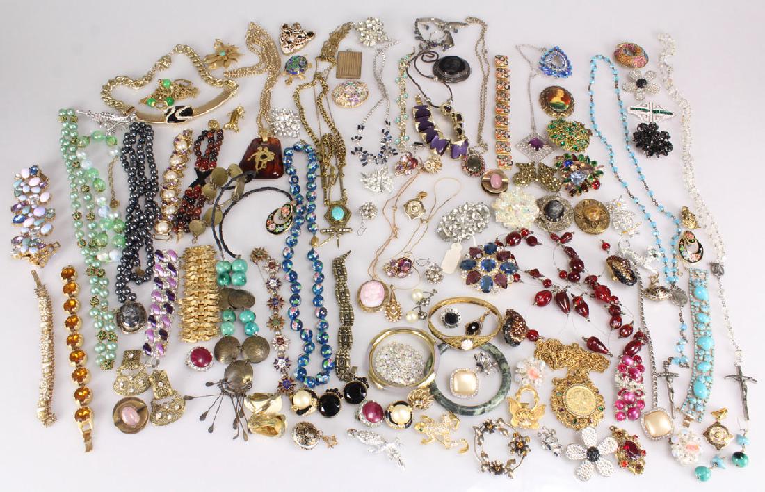 Large Collection COSTUME JEWELRY Rhinestones Bracelets: Details: This lot contains the over 90 pieces of costume jewelry pictured in the accompanying images. Included in this grouping are necklaces, bracelets, brooches, pins, earrings and Rosary Beads. Mak