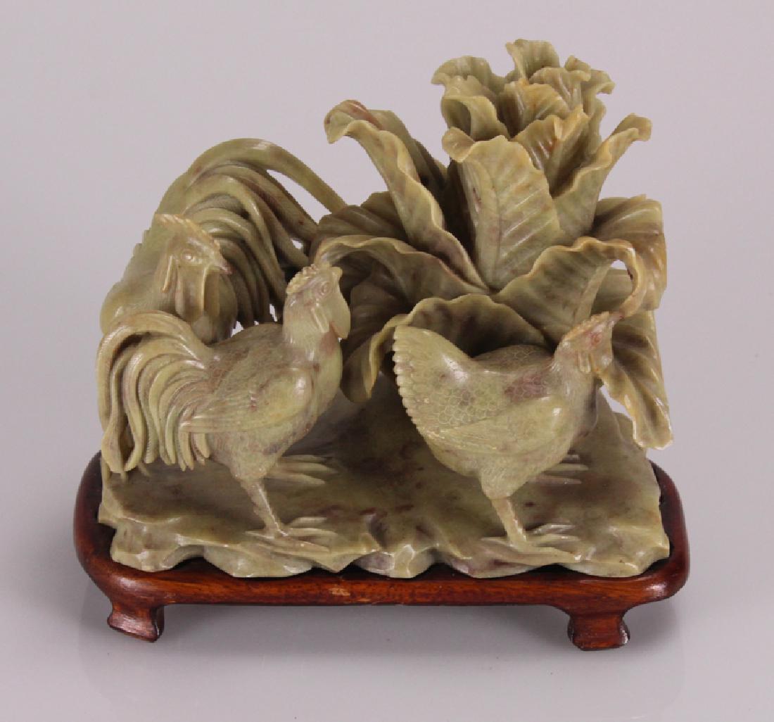 2pcs Chinese Carved INTRICATE SOAPSTONE CHICKEN &: Details: This intricate antique Chinese soapstone chicken and cabbage group fits snugly onto its finely carved wooden stand. The piece stands approximately 6.75" high at its uppermost point. Please at
