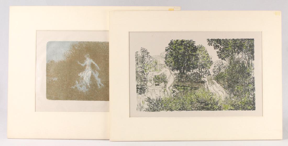 2Pcs Ker Xavier Rouseel LES BAUGNEUSES & AMOURS JOUANT: Details: 2Pcs Ker Xavier Rouseel LES BAUGNEUSES & AMOURS JOUANT AUPRES D'UNE NYMPHE c. 1900 Antique Color Lithographs Mounted Chine Volant Album de Paysage Les Nabis This lot consists of two color lit