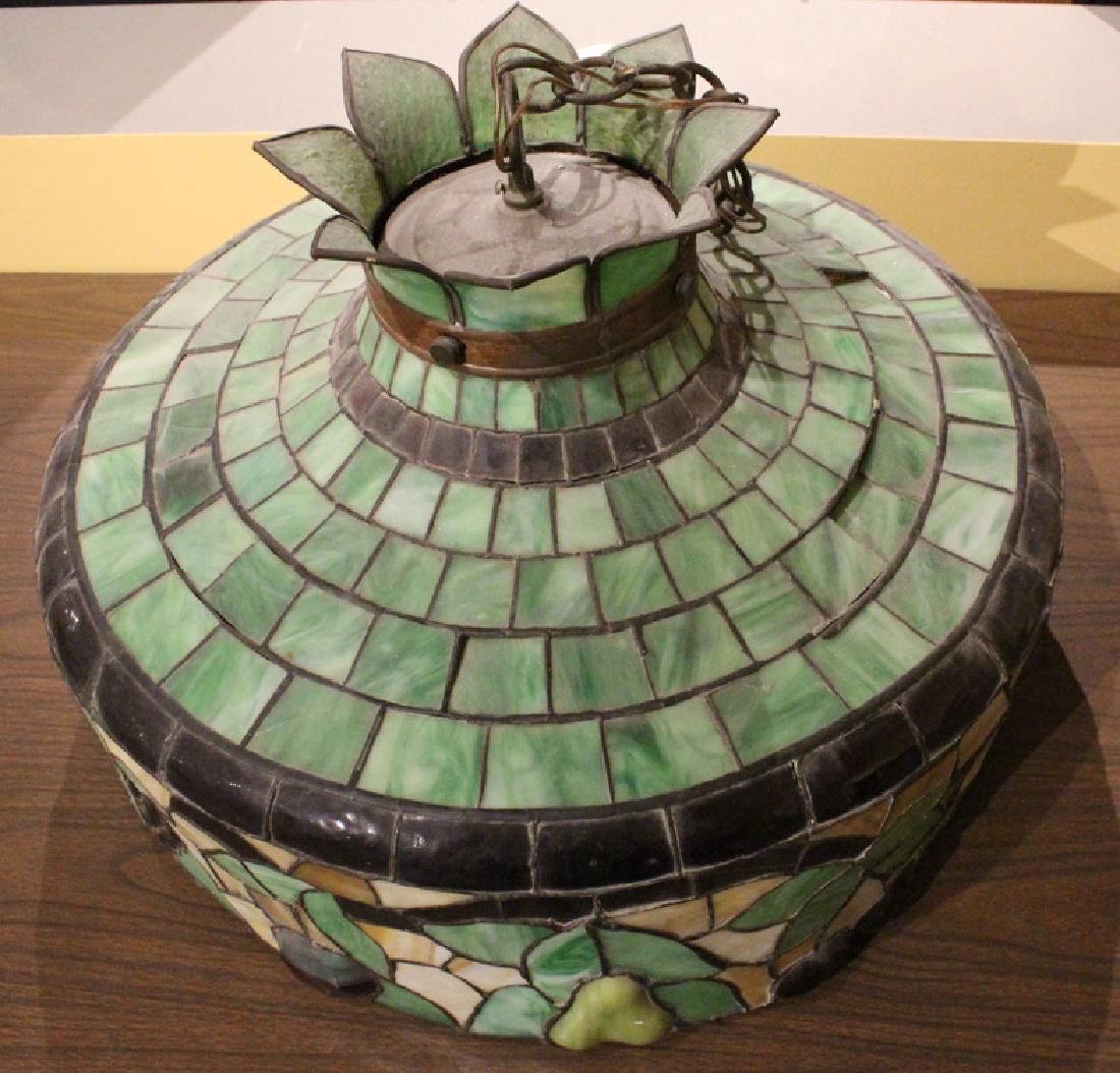 Antique Pre-1940 TIFFANY STYLE LAMP SHADE Hanging: Details: Antique Pre-1940 TIFFANY STYLE LAMP SHADE Hanging Stained Glass Slag Glass Fruit Motif Lighting Billiard Pool ArtThis lot consists of a pre-1940 large antique hanging stained and slag glass