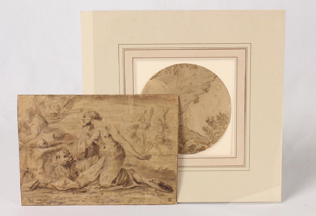 2Pcs Old Master DRAWINGS SALVATOR ROSA ST JEROME IN: Details: 2Pcs Old Master DRAWINGS SALVATOR ROSA ST JEROME IN THE WILDERNESS LANDSCAPE WITH A SEATED NUDE 17th C ITALIAN BOLOGNESE EX COLLECTION C D GINSBURG PEN AND INK This lot consists of 2 old mas