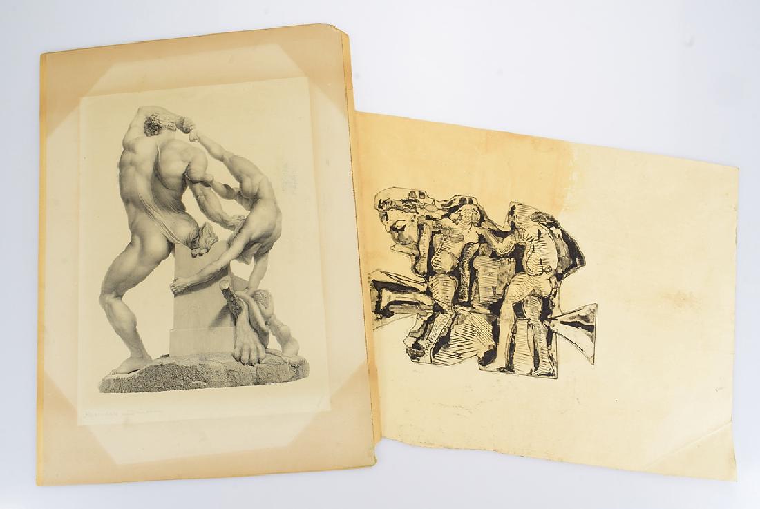 2Pcs Fontana & Salvatore Grippi INTAGLIO PRINTS OF: Details: 2Pcs Fontana & Salvatore Grippi INTAGLIO PRINTS OF WRESTLING NUDES Mythological Antique & Vintage Hercules and Lichas Figurative Abstract Expressionism This lot consists of two Intaglio print