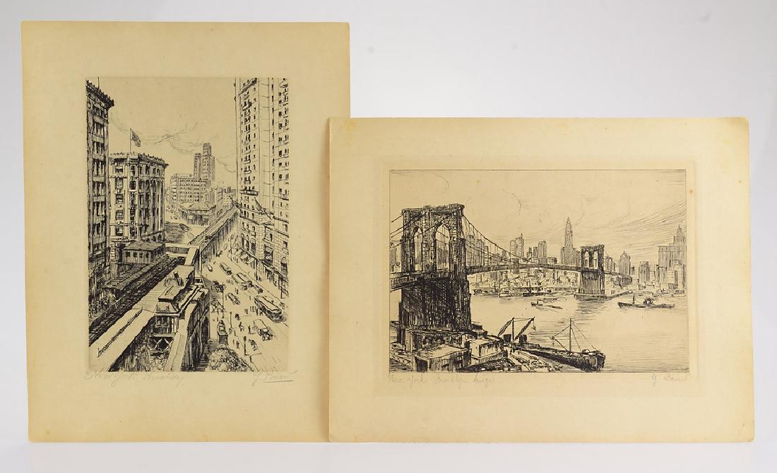 2pcs George Briard ETCHINGS OF NEW YORK CITY c1930: Details: 2pcs George Briard ETCHINGS OF NEW YORK CITY c1930 Artist Signed Brooklyn Bridge Broadway NYC Fine Impressions Full Margins Decorative Artwork These two etchings depicting images of New York