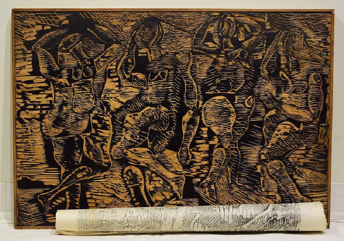 2Pcs Figurative Woodcut & Print LE QUATTRE DONNE: Details: 2Pcs Figurative Woodcut & Print LE QUATTRE DONNE SALVATORE GRIPPI Vintage C1960s New York School Figurative Abstract Expressionist Modernist Contemporary Art Ithaca DeKooning Nevelson Kline