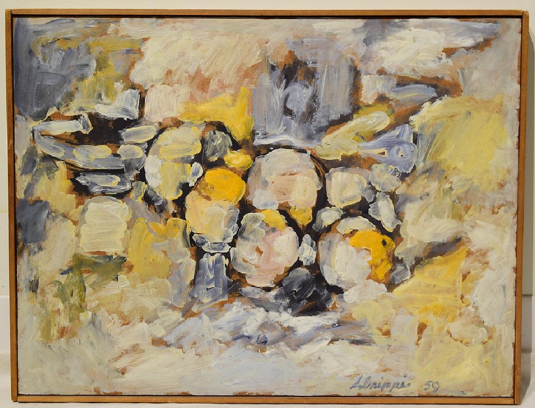 Original Oil Painting EARLY SALVATORE GRIPPI 1959: Details: Original Oil Painting EARLY SALVATORE GRIPPI 1959 Artist Signed New York School Painting Decorative Collectible Abstract Expressionist Still-Life Unique Art This abstract still-life oil paint