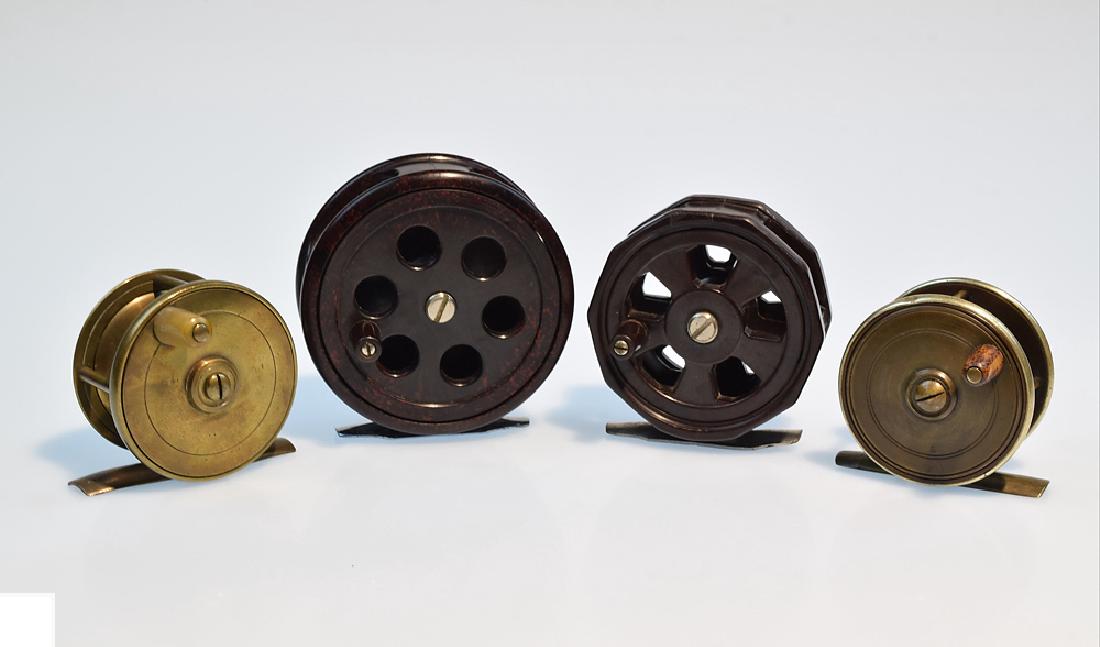 4 Pcs Bakelite Brass VINTAGE FLY FISHING REELS Circa: Details: 4 Pcs. This lot comprises vintage fly fishing reels. Featuring: No. 1; Horrocks Ibbotson Co. Bakelite fly reel, 3 1/4". Single action, with click on/off. "National Sportsman" Made in Utica, N