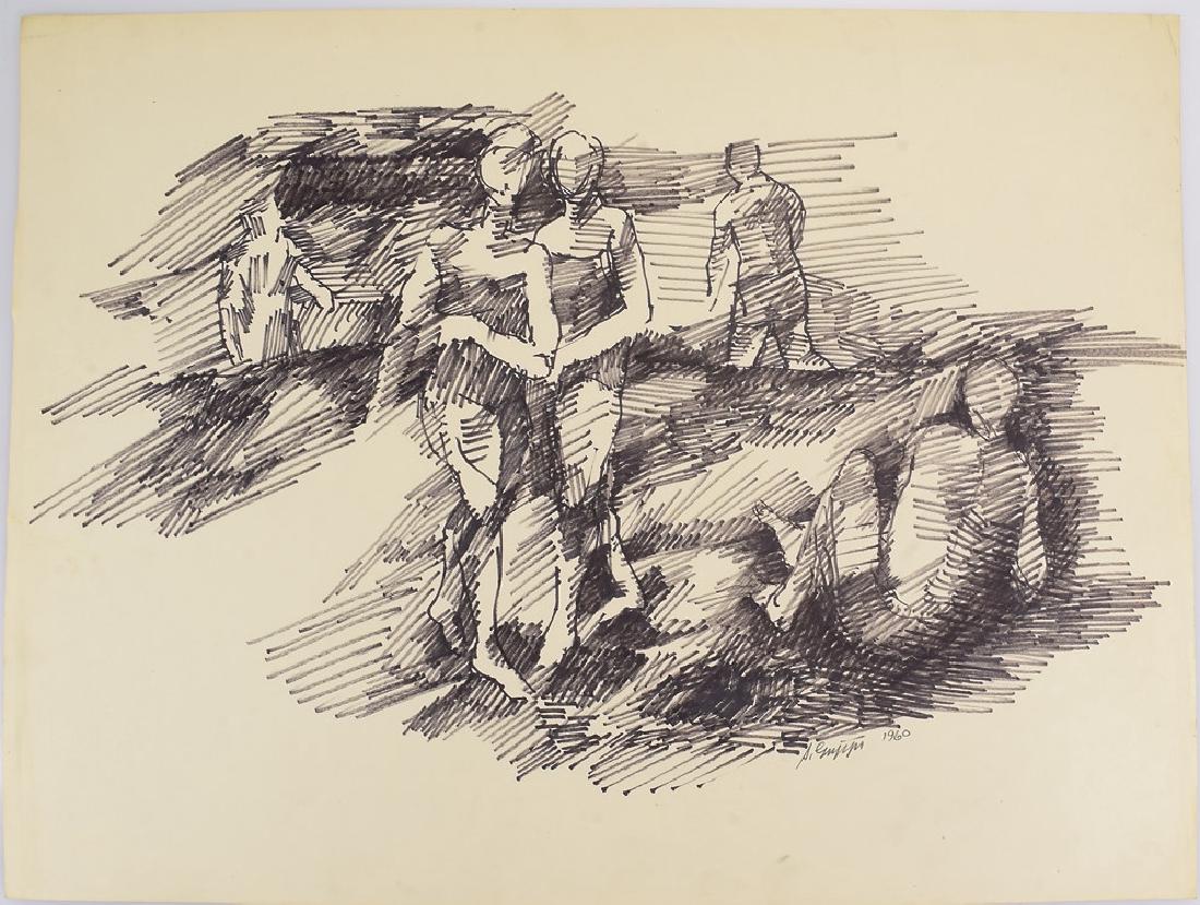 Artist Signed SALVATORE GRIPPI BLACK MARKER ON PAPER: Details: Artist Signed SALVATORE GRIPPI BLACK MARKER ON PAPER 1960 Figurative Abstract Expressionist New York School Decorative Home/Office/Studio Original Artwork Unique Vintage This study in black m