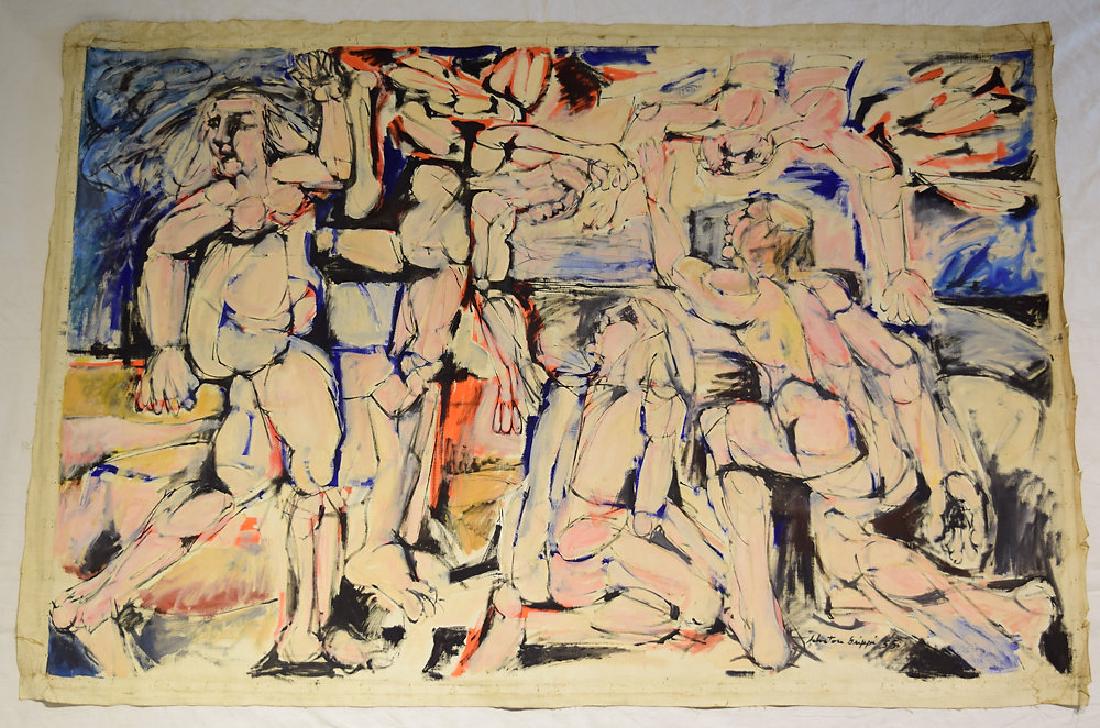 New York School EARLY SALVATORE GRIPPI OIL PAINTING: Details: New York School EARLY SALVATORE GRIPPI OIL PAINTING 1955 Artist Signed Figurative Abstract Expressionist Original Artwork Unique Ithaca NY Art Decorative This figurative abstract expressioni