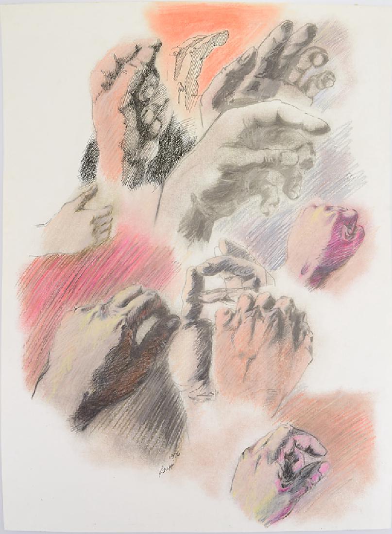 Pencil Pastel & Ink SALVATORE GRIPPI STUDY OF HANDS: Details: Pencil Pastel & Ink SALVATORE GRIPPI STUDY OF HANDS 1976 Artist Signed New York School Original Artwork Decorative Abstract Expressionist Unique Art This pastel, pencil, and ink study of hand