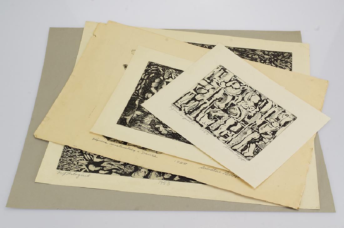 5pcs New York School EARLY SALVATORE GRIPPI PRINTS: Details: 5pcs New York School EARLY SALVATORE GRIPPI PRINTS 1952-1955 Artist Signed Mythological Intaglio Etchings Engravings Figurative Abstract Expressionist These 5 intaglio prints, etchings, and e
