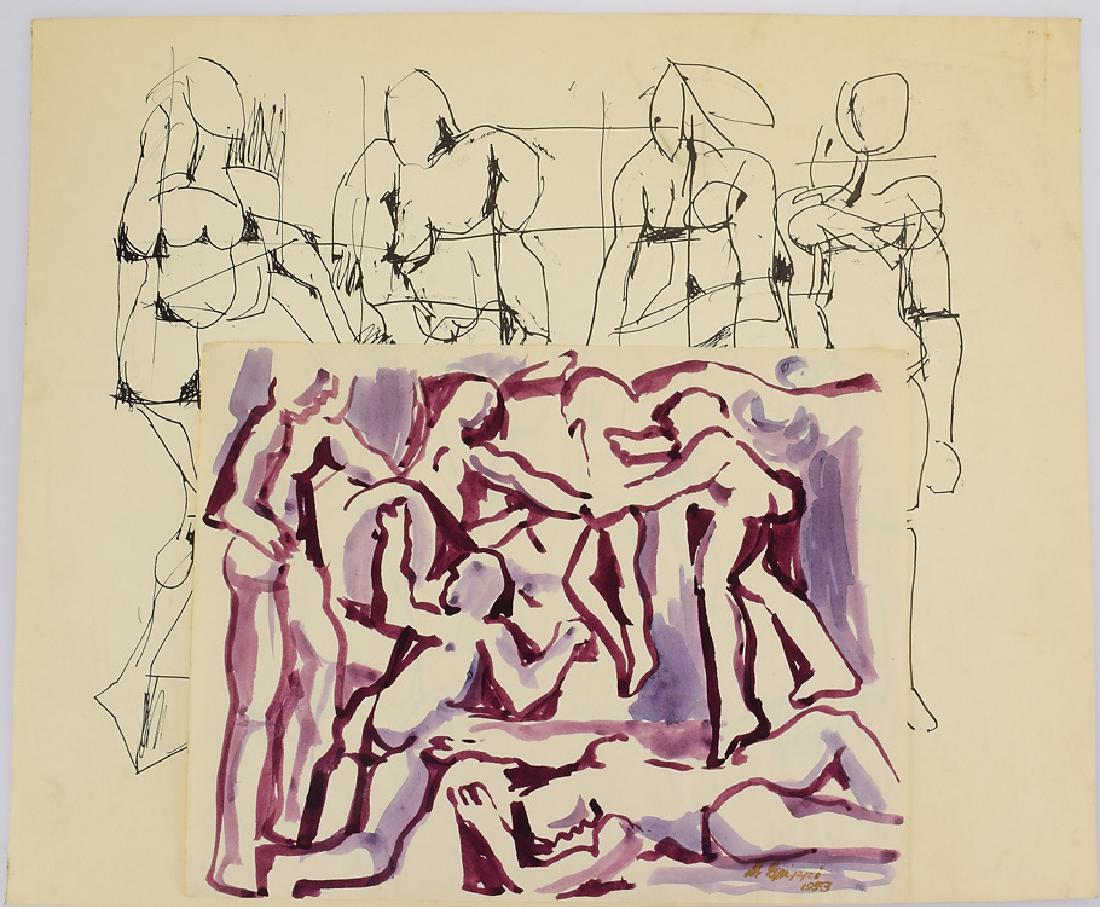 2pcs Painting & Drawing EARLY SALVATORE GRIPPI: Details: 2pcs Painting & Drawing EARLY SALVATORE GRIPPI WATERCOLOR & INK STUDY 1953 Artist Signed Figurative Abstract Expressionist New York School Art These 2 figurative abstract expressionist pieces