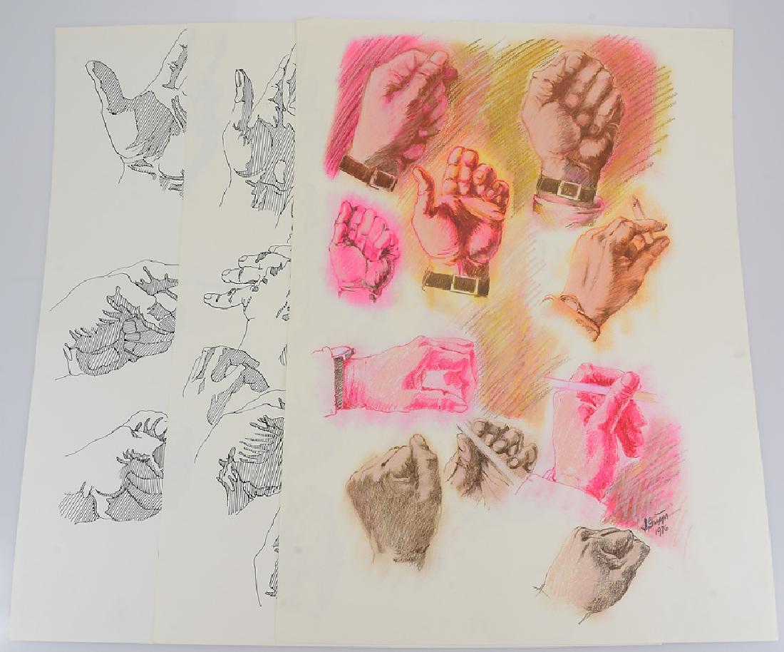 3pcs Ink & Pastel ORIGINAL SALVATORE GRIPPI STUDIES OF: Details: 3pcs Ink & Pastel ORIGINAL SALVATORE GRIPPI STUDIES OF HANDS 1976 & 1978 Artist Signed New York School Decorative Unique Artwork Ithaca College NYThese 3 studies of hands in ink and pastel w