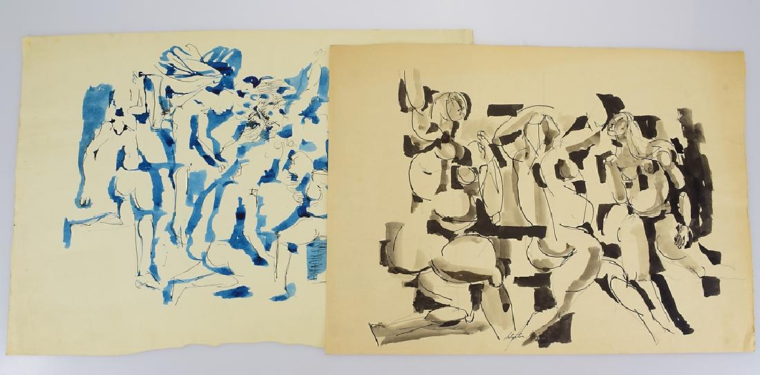 2Pcs Ink & Watercolor EARLY SALVATORE GRIPPI 1955: Details: 2Pcs Ink & Watercolor EARLY SALVATORE GRIPPI 1955 Artist Signed Vintage Figurative Abstract Expressionist New York School Works on Paper Black & White This lot consists of 2 early Salvatore G