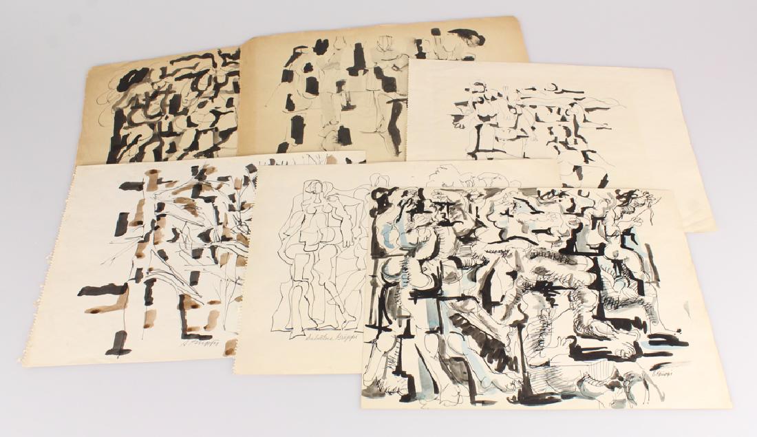 6pcs Artist Signed SALVATORE GRIPPI INK STUDIES 1954: Details: 6pcs Artist Signed SALVATORE GRIPPI INK STUDIES 1954 1955 Abstract Expressionist New York School Decorative Home/Office/Studio Original Artwork Unique Vintage All six pieces of this group of 