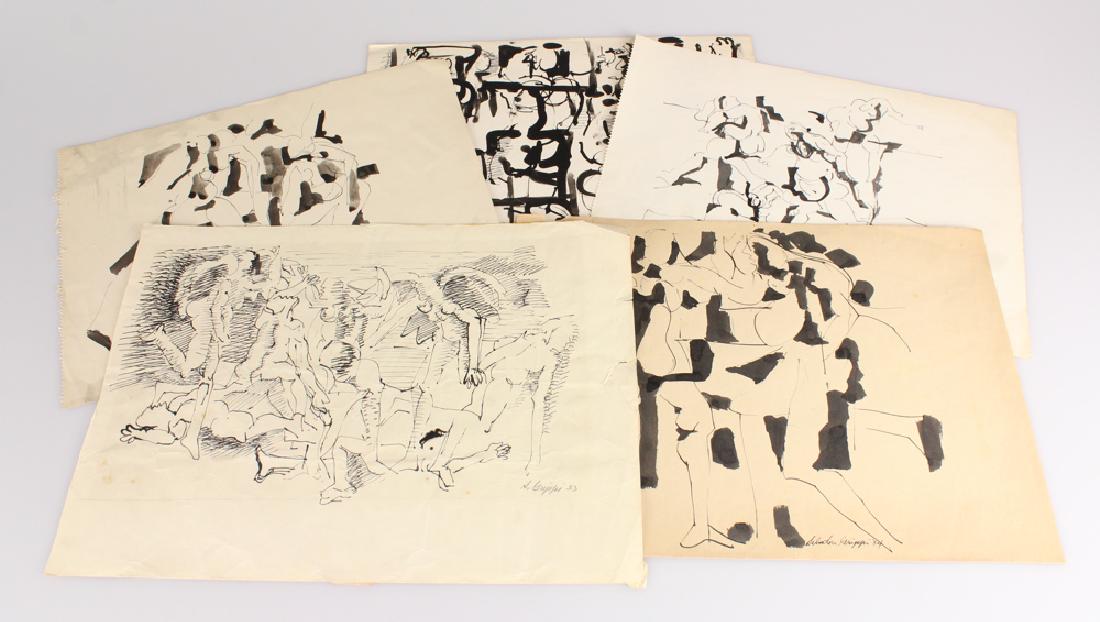 5pcs Artist Signed EARLY SALVATORE GRIPPI INK DRAWINGS: Details: 5pcs Artist Signed EARLY SALVATORE GRIPPI INK DRAWINGS 1953-1954 Figurative Abstract Expressionist Artwork New York School Original Ithaca NY Art This group features 5 early ink pieces by not