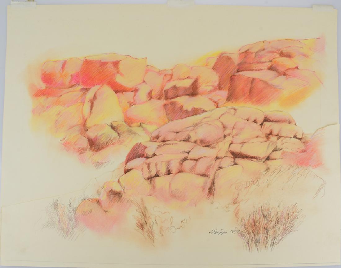 Original Artwork SIGNED SALVATORE GRIPPI 1977 Vintage: Details: Original Artwork SIGNED SALVATORE GRIPPI 1977 Vintage Layered Rock Nature Scene New York School Ithaca College Color Depth This lot consists of a single drawing by noted New York School artis