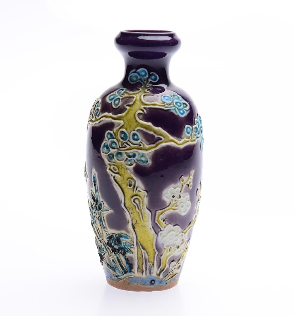 Three Friends of Winter ANTIQUE JAPANESE FAHUA WARE: Details: Three Friends of Winter ANTIQUE JAPANESE FAHUA WARE VASE Asian Oriental Pottery Winter Plants Confucianism Purple Glaze Decorative Designs Bamboo Plum Pine This lot consists of an antique Jap