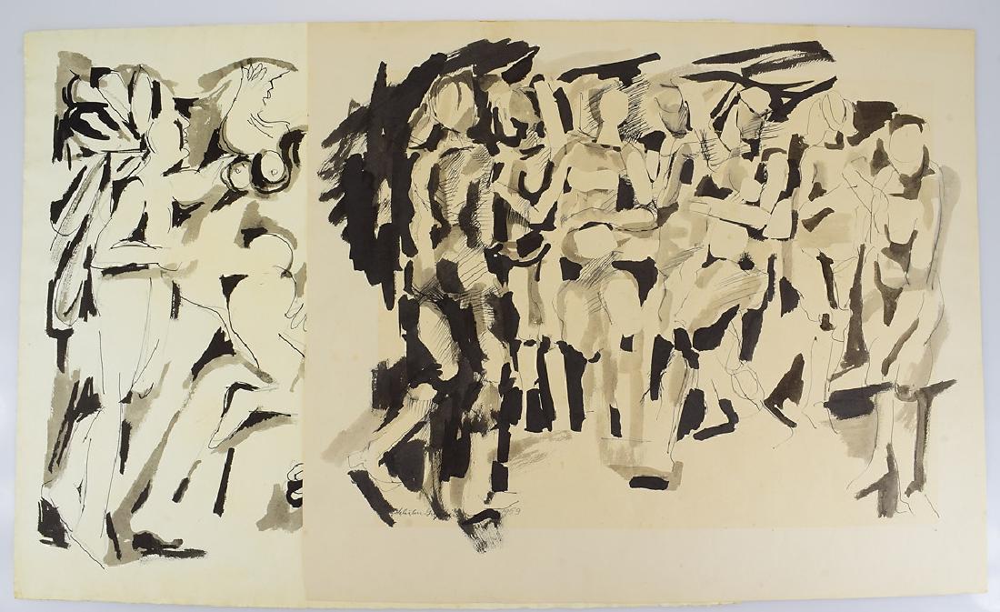 2Pcs New York School VINTAGE SALVATORE GRIPPI 1593 &: Details: 2Pcs New York School VINTAGE SALVATORE GRIPPI 1593 & 1959 Signed & Dated Figurative Abstract Ithaca New York Watercolor & Ink Movement Bodies Nude This lot consists of 2 vintage pieces by not