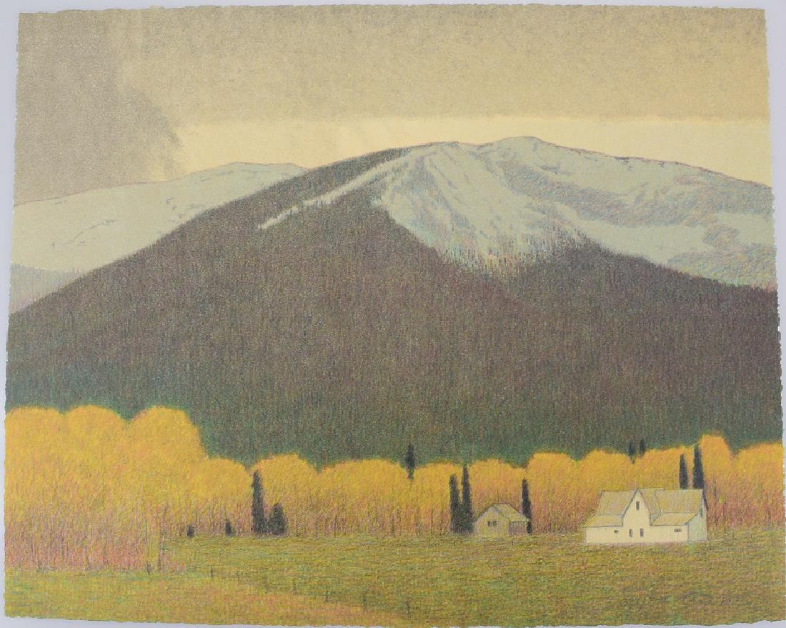 Collectible Lithograph RUSSELL CHATHAM LANDSCAPE 2001: Details: Collectible Lithograph RUSSELL CHATHAM LANDSCAPE 2001 American Pastoral Art Numbered Artist Cipher House Mountain Scene Farm Pencil This lot consists of a Russell Chatham landscape lithograph