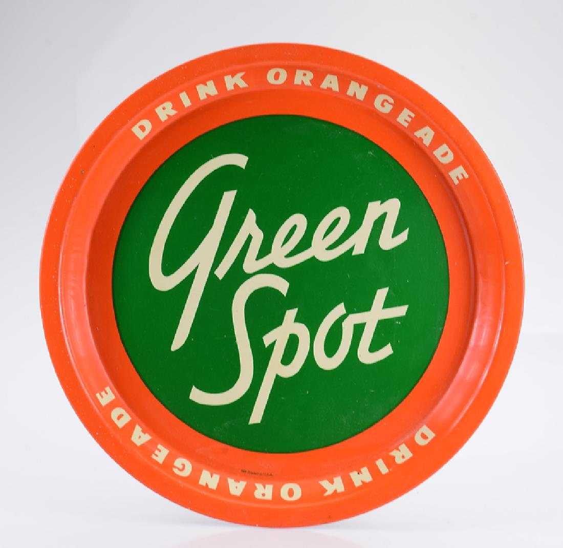 Decorative Round VINTAGE GREEN SPOT SIGN Drink: Details: Decorative Round VINTAGE GREEN SPOT SIGN Drink Orangeade Beverage Advertising Green & Orange Marketing Soft Drink Sales Orange Drink American MadeThis lot consists of a round tin Green Spot