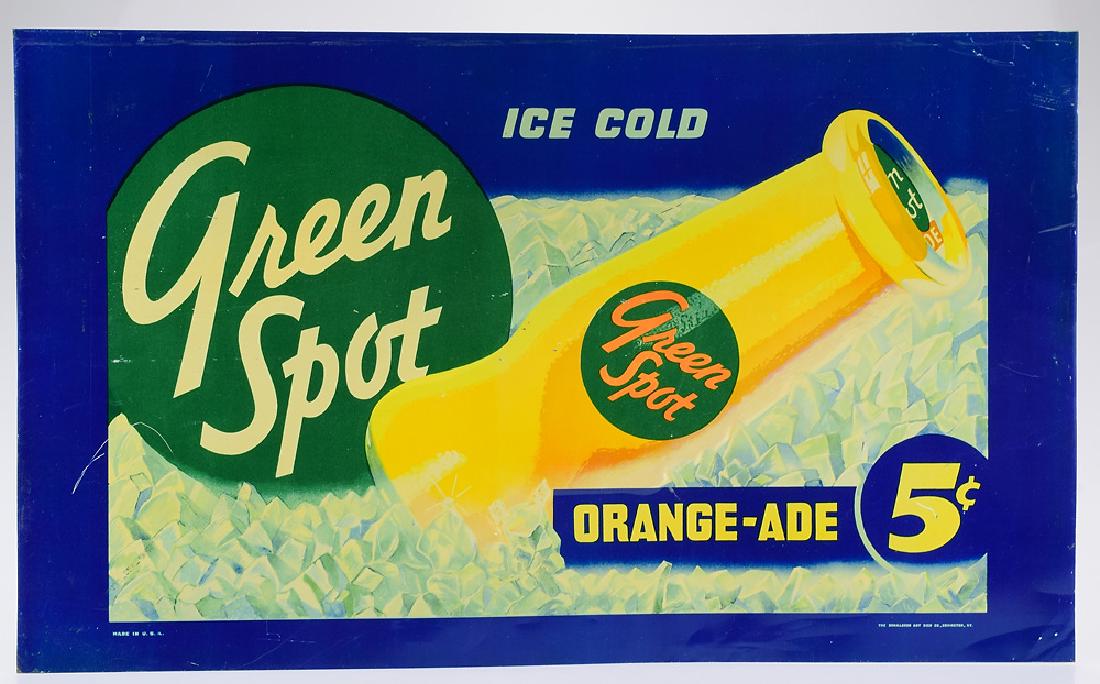1940s Advertisement TIN GREEN SPOT SIGN Vintage: Details: 1940s Advertisement TIN GREEN SPOT SIGN Vintage Orange-Ade Drink Design Marketing Sales Beverage Donaldson Art Sign Soft Drink American This lot consists of a vintage 1940s Green Spot tin ad