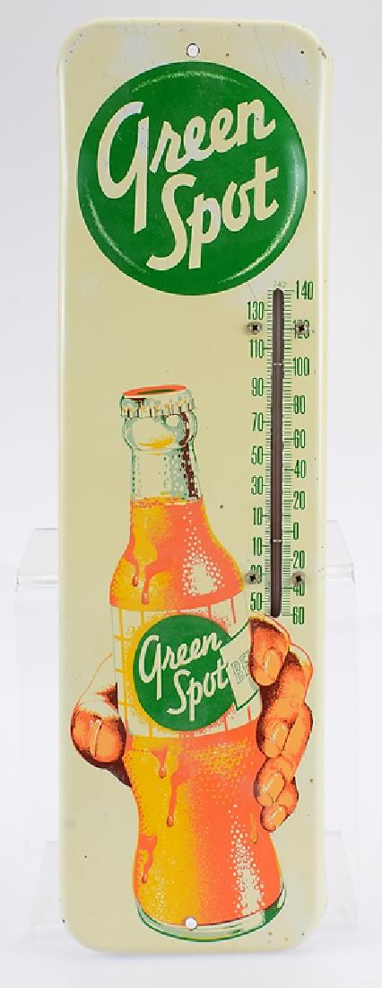 Metal Advertisement GREEN SPOT DRINK THERMOMETER SIGN: Details: Metal Advertisement GREEN SPOT DRINK THERMOMETER SIGN Vintage Beverage Marketing Metal Painted Bottle Design Orangeade Soft Drink Soda This lot consists of a vintage metal Green Spot thermome