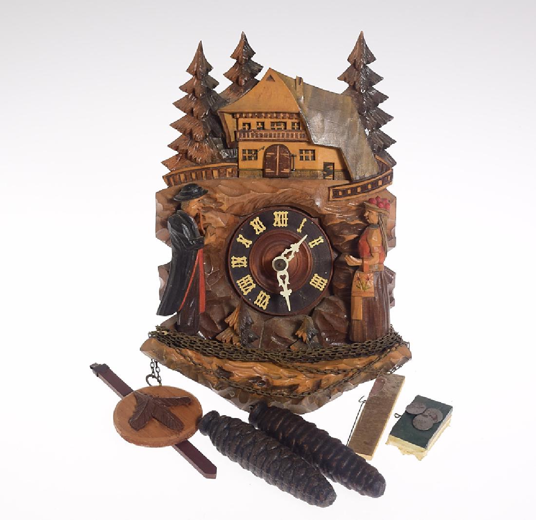Black Forest Clock VINTAGE GERMAN CHALET ON HILLTOP: Details: Black Forest Clock VINTAGE GERMAN CHALET ON HILLTOP ONE-DAY CUCKOO CLOCK c1955 Original Pendulum Hand Carved Wood Decorative Collectible Maker: Unknown History of Maker: N/A Country of Origi