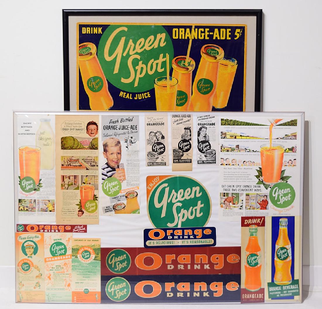 2Pcs Collage VINTAGE FRAMED GREEN SPOT DRINK: Details: 2Pcs Collage VINTAGE FRAMED GREEN SPOT DRINK ADVERTISEMENTS & EPHEMERA Promotional Paper Newspaper Orangeade Orange Drink Color Marketing This lot consists of 2 large framed collages of paper