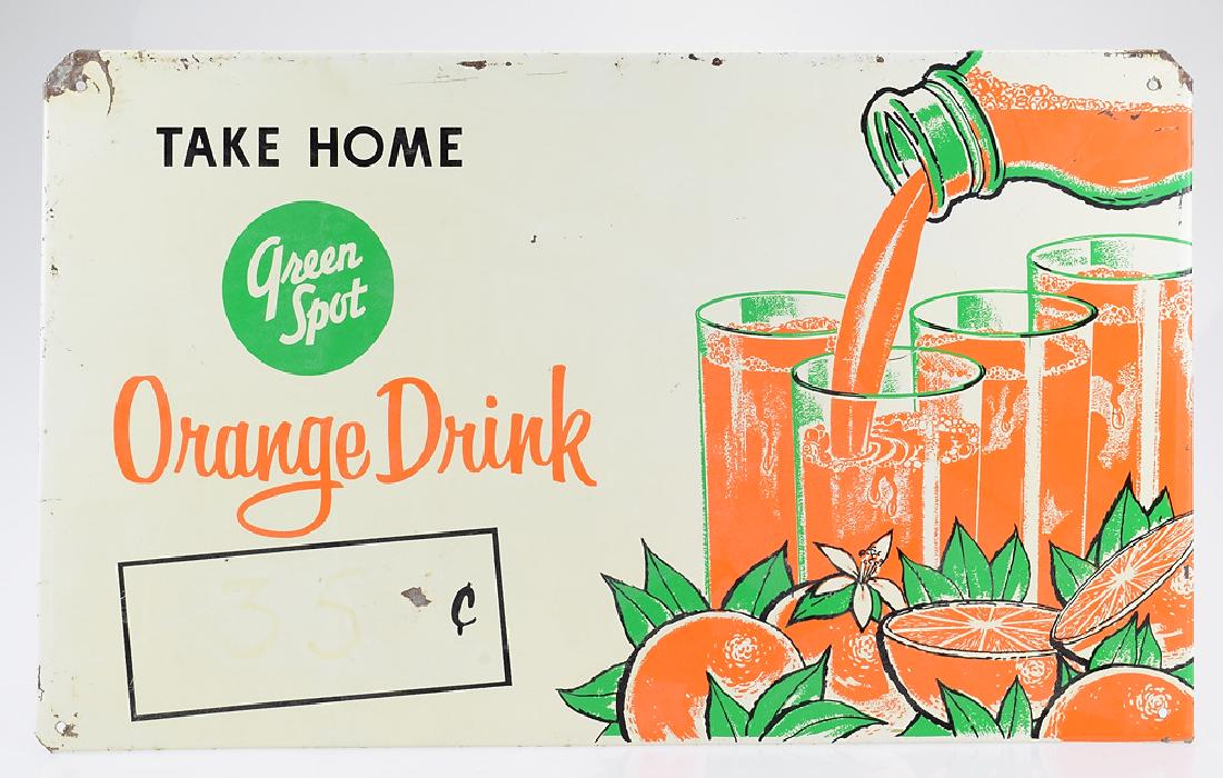 Orange Drink VINTAGE METAL GREEN SPOT ADVERTISEMENT: Details: Orange Drink VINTAGE METAL GREEN SPOT ADVERTISEMENT American Sign Take Home Bottle & Glasses Design Beverage Marketing Soft Drink This lot consists of a vintage metal Green Spot Orange Drink 