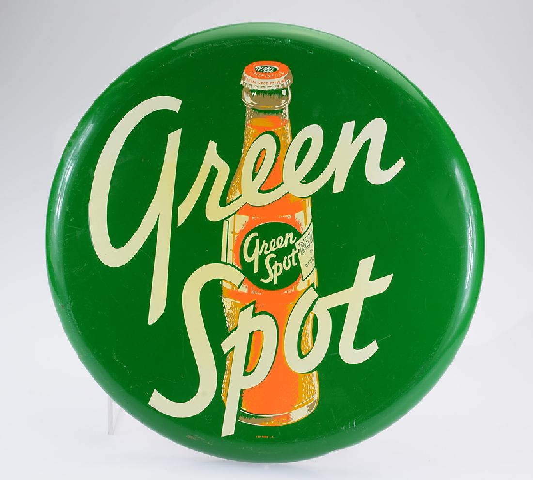 Soft Drink Marketing VINTAGE GREEN SPOT ROUND SIGN: Details: Soft Drink Marketing VINTAGE GREEN SPOT ROUND SIGN Bottle Design Orangeade Advertisement Sales American Beverage Company Green This lot consists of a large green metal advertisement sign for 