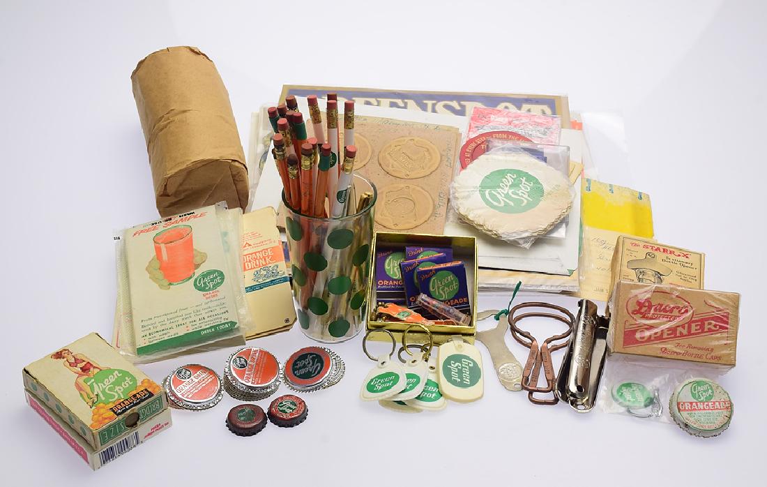 Large Collection GREEN SPOT DRINK COMPANY COLLECTIBLES: Details: Large Collection GREEN SPOT DRINK COMPANY COLLECTIBLES & EPHEMERA Logo Promotional Merchandise Original Packaging Caps Lids Keychains Advertisements Vintage Soft Drink Beverage Pencils Bottle