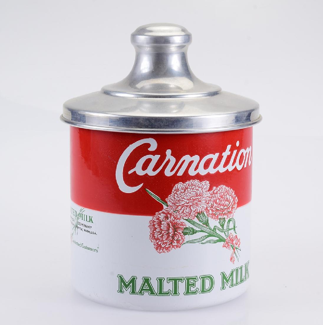 Scarce Antique PORCELAIN CARNATION MALTED MILK: Details: Scarce Antique PORCELAIN CARNATION MALTED MILK CONTAINER WITH LID Dairy Product Vessel Advertisement Kitchen Home Collectible This lot consists of a scarce antique porcelain Carnation malted 