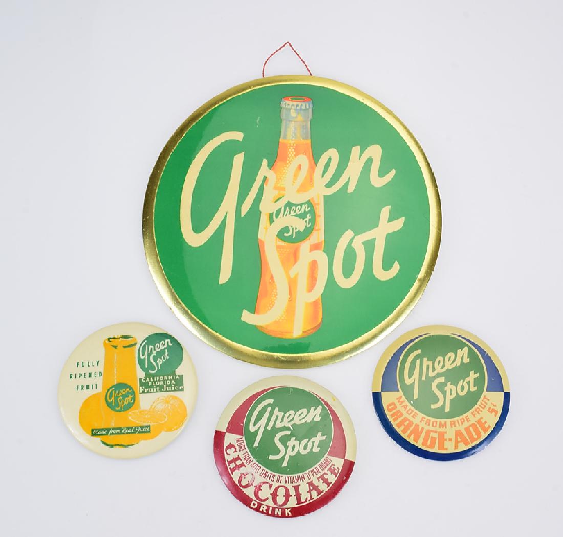 4Pcs Promotional VINTAGE GREEN SPOT SIGN AND BUTTONS: Details: 4Pcs Promotional VINTAGE GREEN SPOT SIGN AND BUTTONS Advertisements Metal Buttons Chocolate Drink Orangeade Beverage Marketing American This lot consists of three large buttons advertising fo