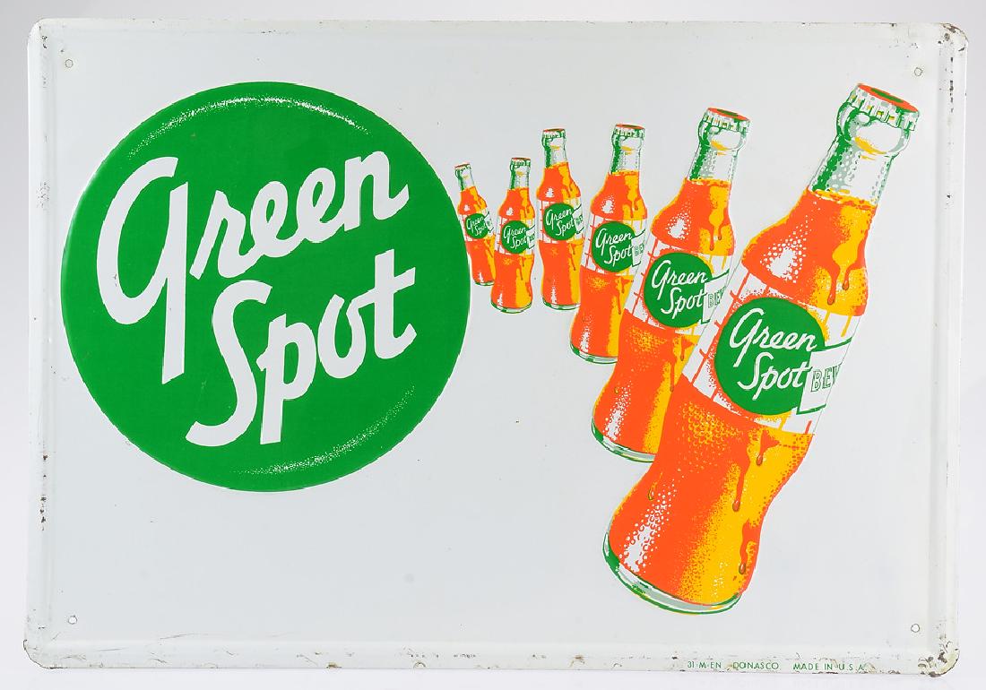 Vintage Sign GREEN SPOT DRINK ADVERTISEMENT Orange: Details: Vintage Sign GREEN SPOT DRINK ADVERTISEMENT Orange Drink Orangeade Marketing American Product Drinks Sales Bottles Design Logo This lot consists of a vintage Green Spot drink sign, with Green