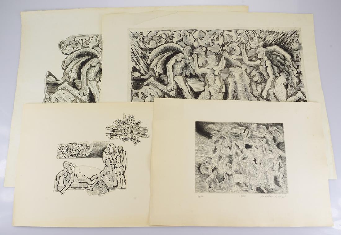 4pcs Artist Signed EARLY SALVATORE GRIPPI WOODCUTS 1953: Details: 4pcs Artist Signed EARLY SALVATORE GRIPPI WOODCUTS 1953 & 1954 Vintage New York School Epic Children of Niobe Death from the Sky Ithaca College Mythology These 4 woodcut prints are early wor